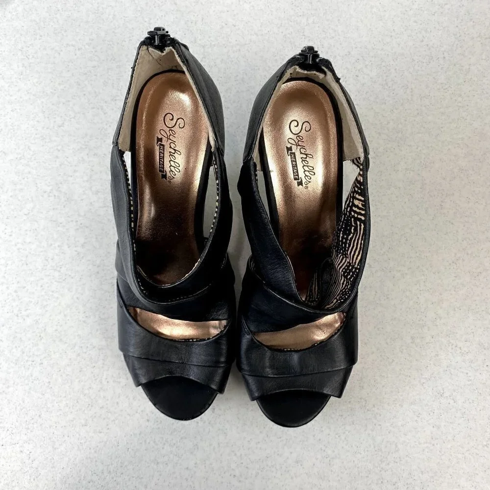 Seychelles Black Leather Risky Business Wedge Sandals 8
